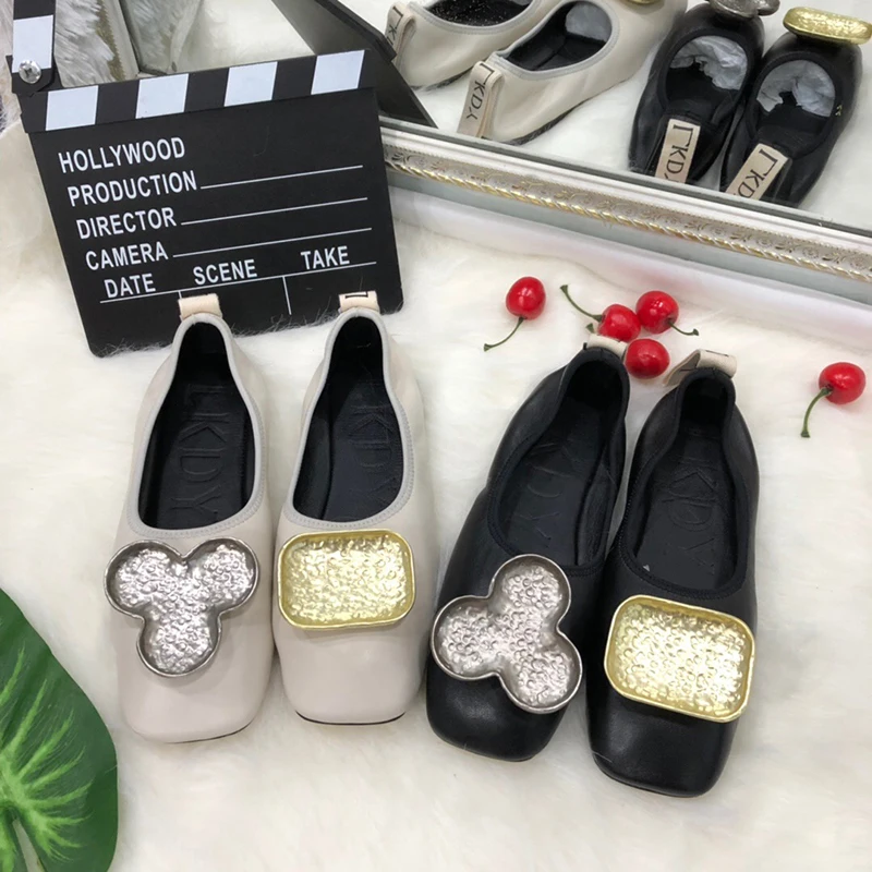 

2019 LKDY women top Genuine Leather leg ballet flat shoes metal letter decoration full sheepskin casual pregnant lazy shoes