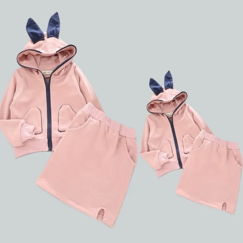 

2018 Autumn Rabbit Ears Family Matching Outfits Clothes Cotton Hooded Sweater + Skirt Mother and Daughter Clothes Sporting Suit