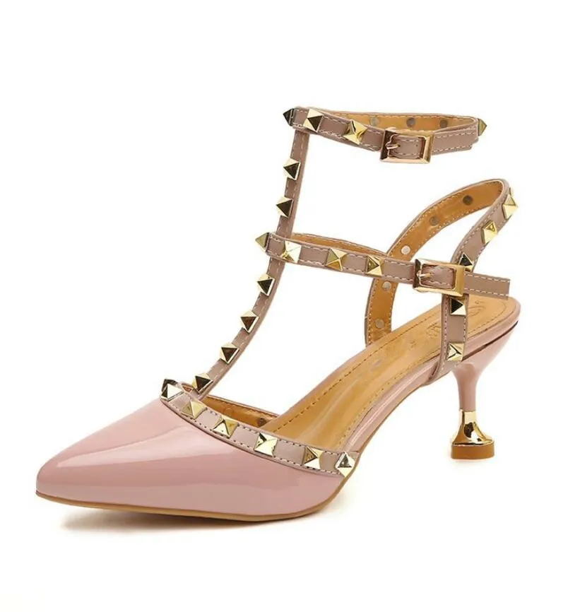 JINJOE/пикантная обувь женские летние босоножки с пряжкой и заклепками туфли на высоком каблуке модные тонкие туфли с острым носком на высоком каблуке 6,5 см