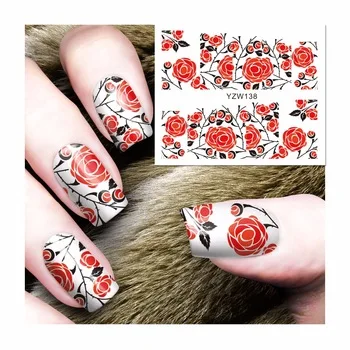YZWLE 1 Sheet Charming Red Rose Pattern Water Transfer 3D Grey Cute Cat Nail Art Sticker Full Wraps Nails Decal DIY 138