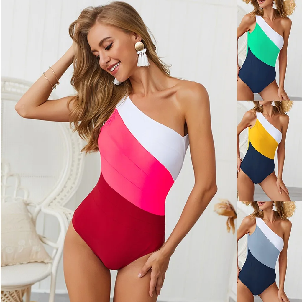 

2019 Summer Swimwear One Piece Womens High Waist Bikini Padded Patchwork One Shoulder Swimsuit Bathing Suits Bodysuit Monokini