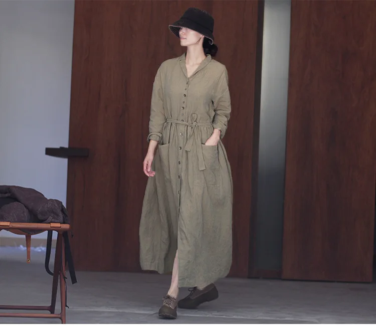 

2019 spring Retro notched collar dresses Single breasted Loose belt Dress Spring Windbreaker Women dress N136