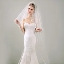 Элегантные двухслойные 115 ''Длина свадебная вуаль тюль с расческой ленточный край дешевая Соборная Вуаль Длинный Шлейф платье вуаль