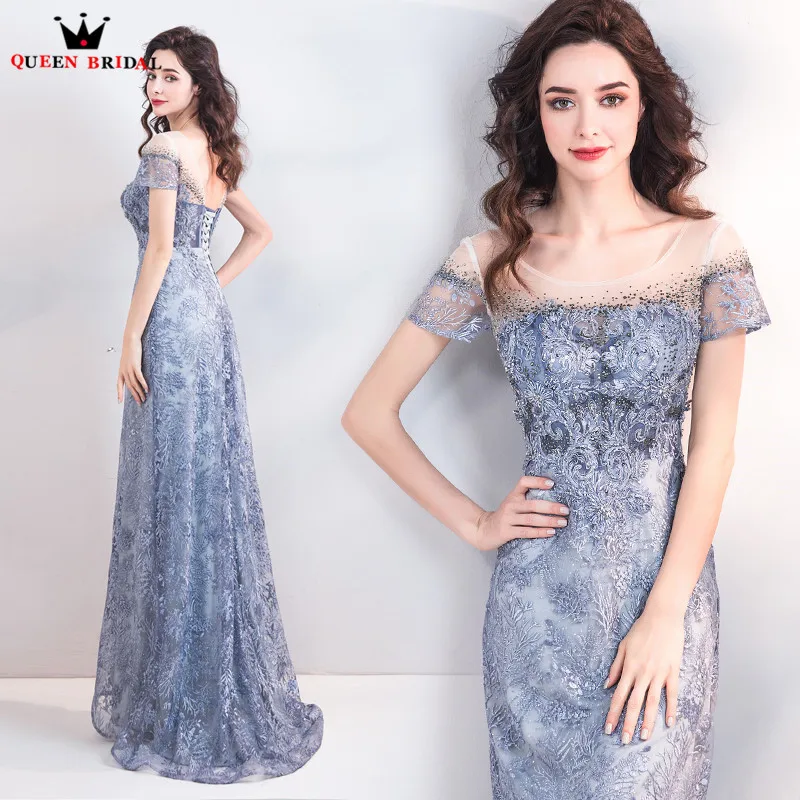 Straight Cap Sleeve Gray Lace Sequin Beading Sexy Long Evening Dresses 2018 New Arrival Evening Gown Robe De Soiree JU48