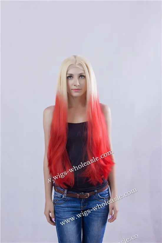 

New Stylish Heat Resistant Wigs Extra Long Blonde Red Synthetic Two Tone Lace Front Wig