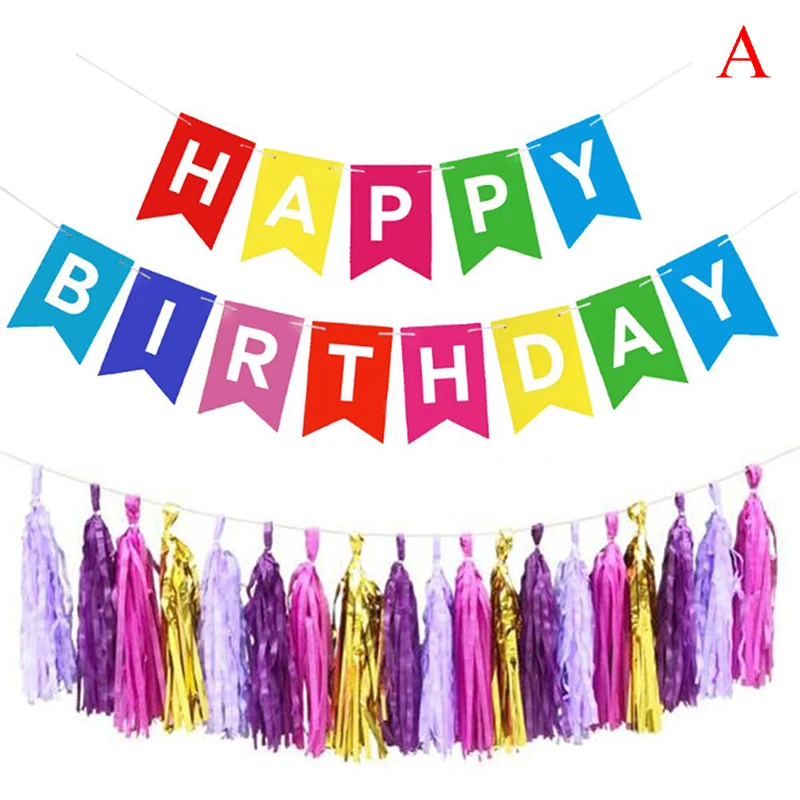 Happy Birthday Tissue Paper Banner White Black Multicolor Tassel Garland Pompom Birthday Decorations Girl Boy Kids Party Favors