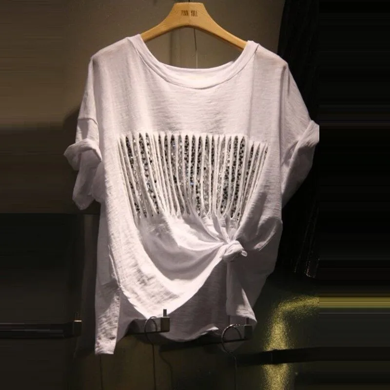 

2018 New Summer Short Sleeve Women's Tshirts Hole Sequined Cotton Basic Tops All-match Loose Students T-shirt for Mujer White