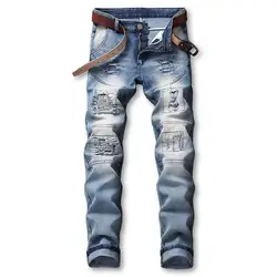 Весна 2019 г. мужские джинсы с отверстиями в брюшные штаны ретро ностальгия эластичные прямые раза патчи джинсы