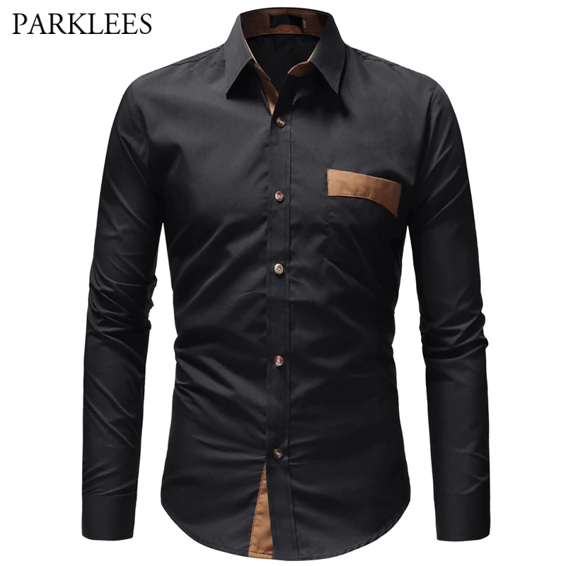 Mens Brand Dress Shirts Casual Long sleeved Slim Fit Contrast Pocket
