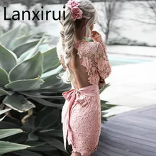 Vintage Women Floral Bodycon Party Dresses Summer Sexy Pink Sexy V -Neck Hollow Design Backless Self -Tie Lace Dress green causal self tie design mini dress