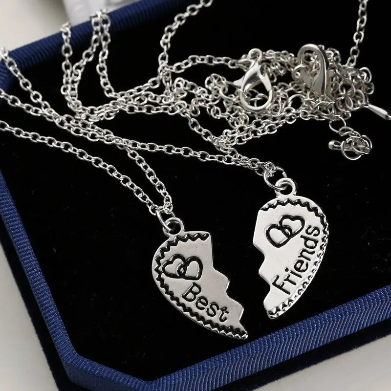 

2PCs Heart Best Friend Forever Double Broken Heart Pendant Necklace Friendship Gifts Silver Plated Chain Necklaces Charm Jewelry