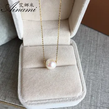 

[Ainami] Akoya Pearl 18K Pendant Necklace 8.5-9mm White Akoya Sea Pearl Necklace Simple Jewelry for girl Free shipping
