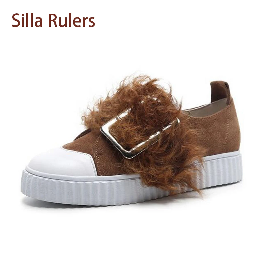 

Silla rulers Designer Flat Women Shoe 2018 New Spring Korean Style Buckle Fur Flat Fashion Shoe Caramel Black Sneakers Female