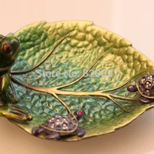 Роскошный кристалл шипованные 2 Черепашки и лягушки на зеленом листе кольцо блюдо ювелирных изделий лоток держатель из сплава материал, ручная роспись