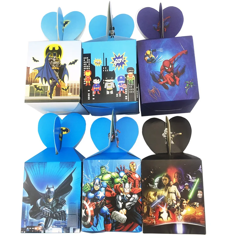 

6pcs/lot Avengers Spiderman Batman Stars war paper Candy Box Kids Favors Cartoon Gift Boxes for Birthday Party Supplies&Decor