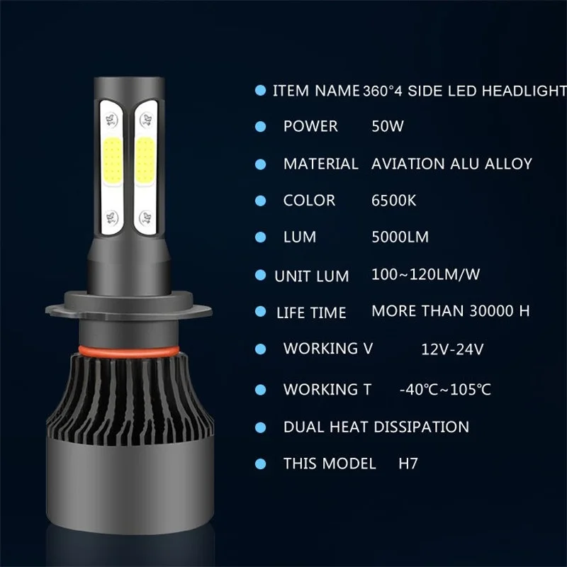 2PCS 6500K H4 LED H7 H11 H8 HB4 HB3 Auto Car 9012 9004 9007 H13 Headlight Bulbs 50W 10000LM Car Styling 6500K led headlight