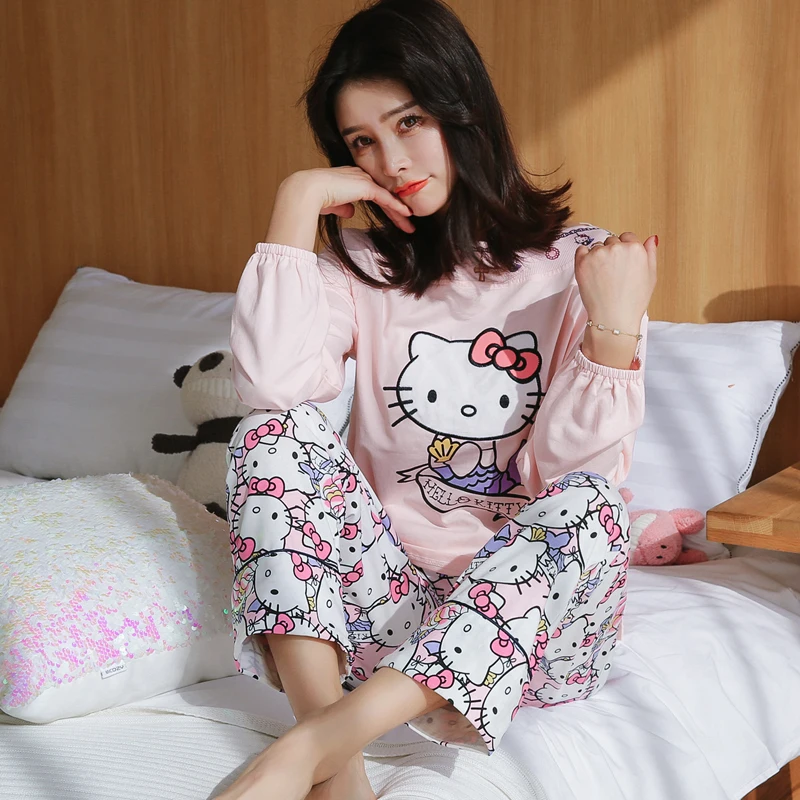 Musim Semi Musim Dingin Wanita Pakaian Tidur Lengan Panjang O Leher Kasual Hello Kitty Piyama Katun Lucu Piyama Manis 2 Piece Set Famale Set Piyama Set Aliexpress