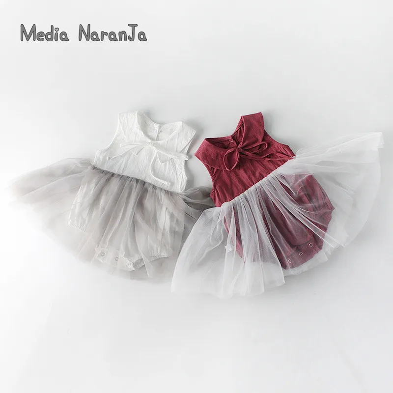 

Infant toddler Jumpsuit Summer Baby girl Sleeveless Doll Necklace Yarn dress style Bodysuits summer Clothes photography outfits