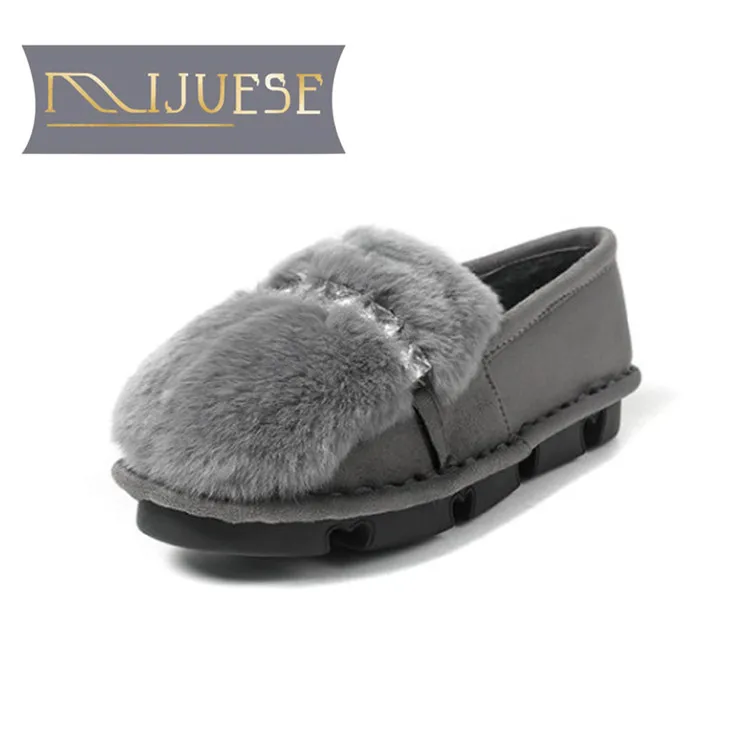 

MLJUESE 2018 women flats rabbit hair Gray color kid suede fur crystal round toe spring comfortable women home flats women shoes