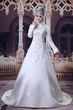 Muslim Long Sleeve Lace Appliques Sain A-line Wedding Dresses Elegant Arabic Hijab Bridal Gown robe de mariage trouwjurk Vestido