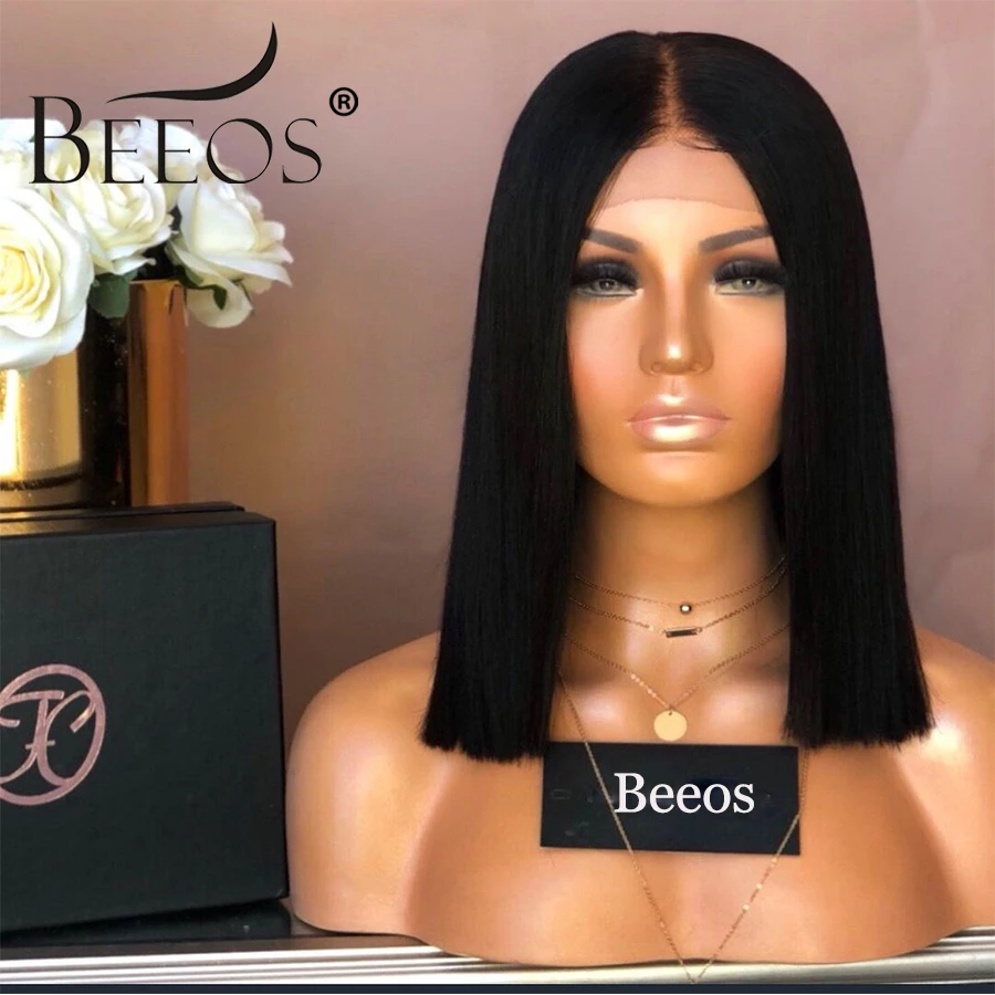 Beeos Волосы Бразильские Remy 13*6 прямые человеческие волосы боб короткие парики из человеческих волос 180% Плотность Детские волосы кружевные передние парики для женщин