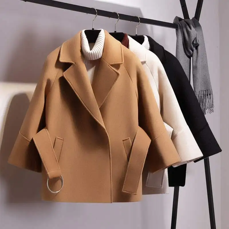 Ly Varey Lin Women Short Woolen Coat Belt Jacket Turn-down Collar Casual Loose Woolen Trench Coats Female Plus Size Outerwear