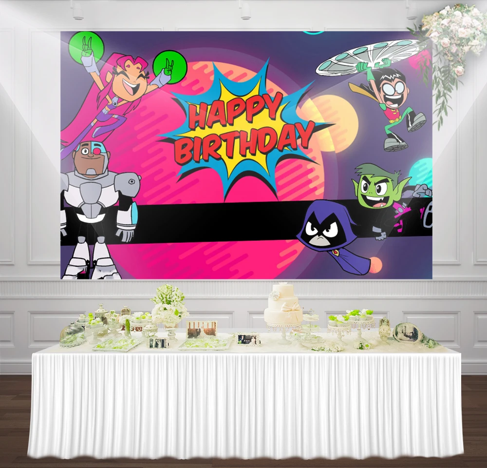 

Teen Titans Go Birthday backdrops cartoon Banner Cute kids Photography party background photo booth backdrops wall Decorations