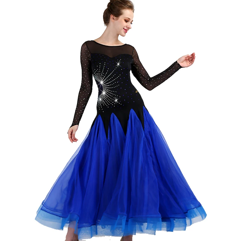 Конкурс бальных танцев платья Для женщин 2018 Новый Дизайн элегантный фламенко Танцы Юбка королевский синий Стандартный Бальные платья