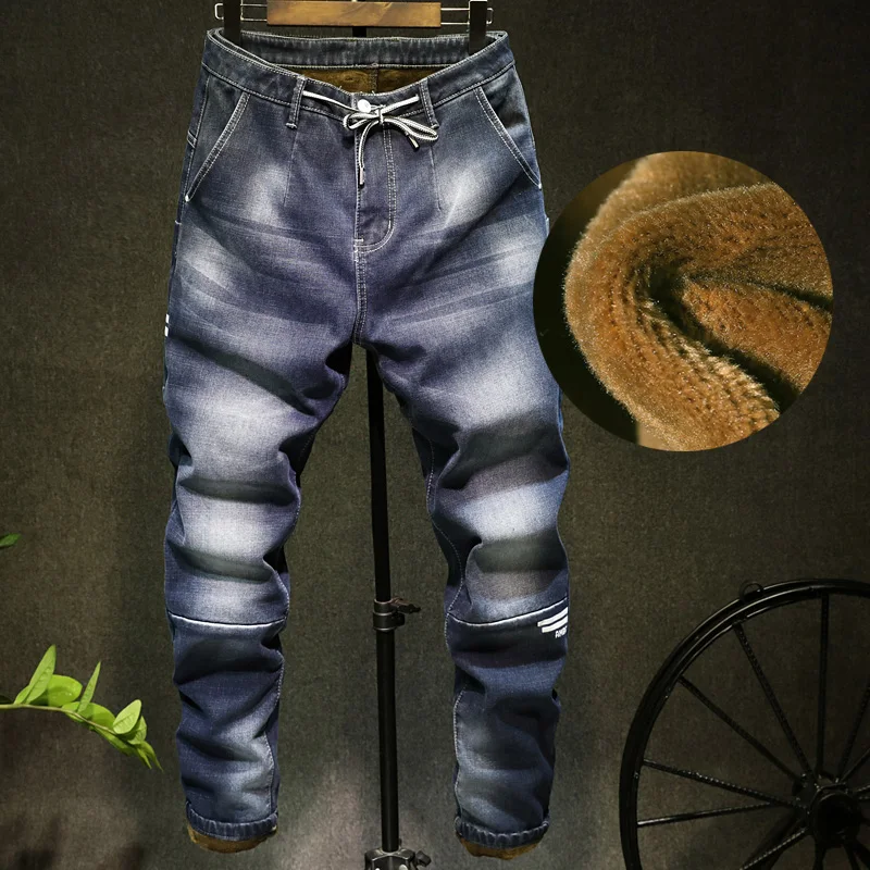 Для мужчин зимние джинсы эластичные голубые джинсы толстые теплые брюки Новая мода Для мужчин прямые руно Утепленные джинсы супертяжелом Жан брюки
