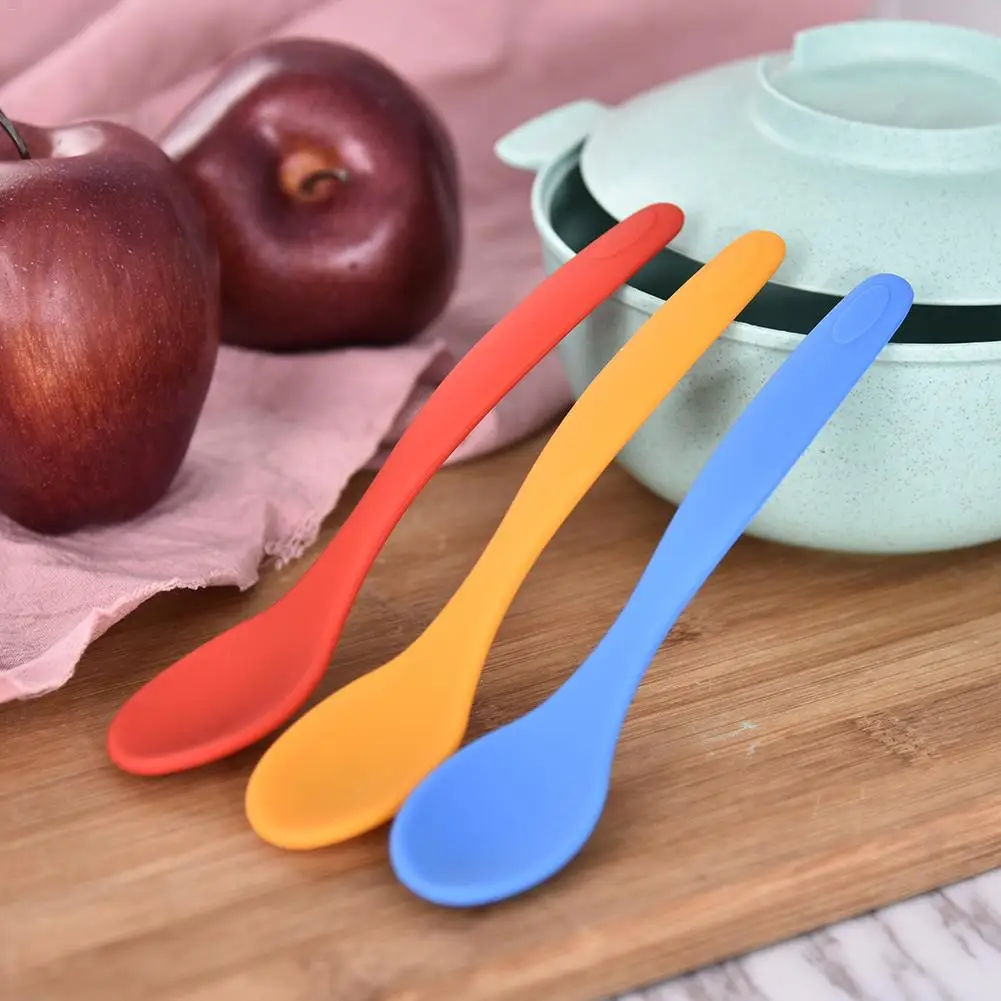 Силиконовая ложка, 3 цвета, Пищевая силиконовая ложка с длинной ручкой, одноцветная термостойкая сковорода с антипригарным покрытием, кухонная утварь