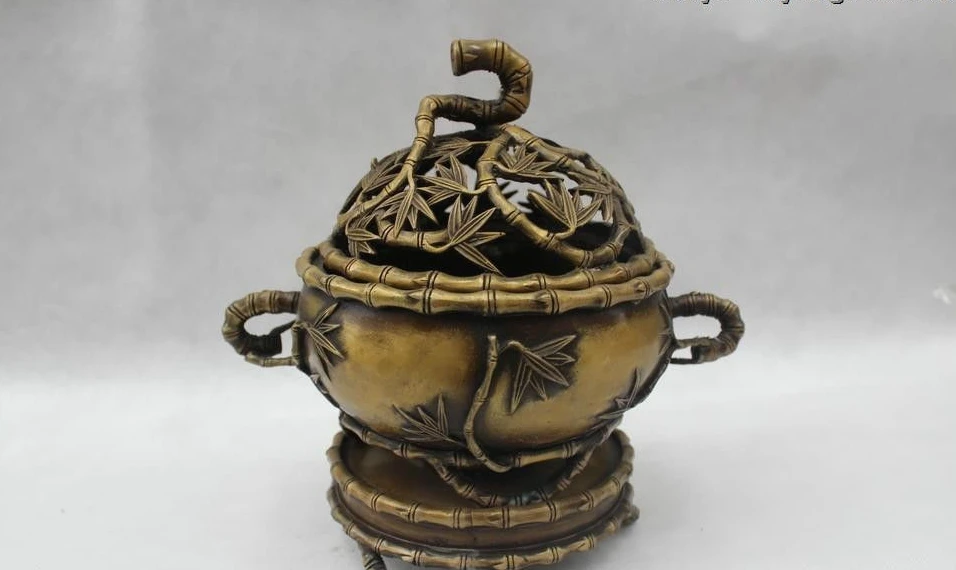 

10"Chinese Folk Pure Bronze lotus flower Lucky Burner incense burner Statue