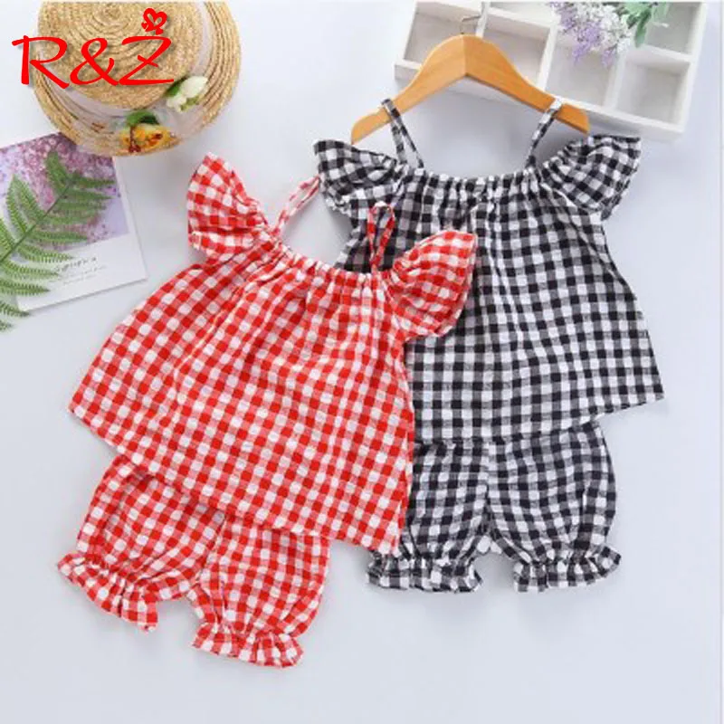 

R&Z Children's Set 2019 Summer New Girls Cotton Plaid Set Girls Pull Shoulder Sleeve Camisole Shorts Two-piece Set