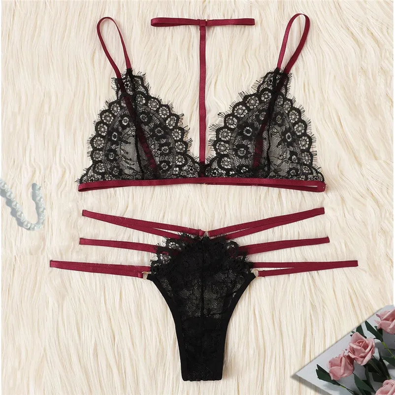 

2PC Fashion Women Plus Size Bra Underwear Eyelash Lace Lingerie With Choker Sleepwear Women Seamless sleepwear nightdress #15A