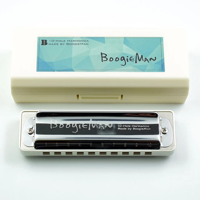 BoogieMan White 10 Holes Harp Blues Diatonic Harmonica F/G/Ab/A/Bb/B/C