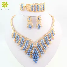 Модные золотые Цвет Ювелирные наборы синий смола Африканский Бусины костюм горный хрусталь Цепочки и ожерелья комплект Свадебные аксессуары