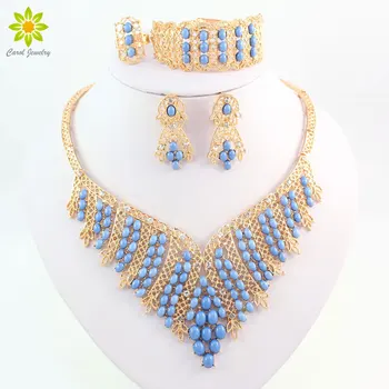 

Fashion Gold Color Jewelry Sets Blue Resin African Beads Costume Rhinestone Necklace Set Wedding Accessories