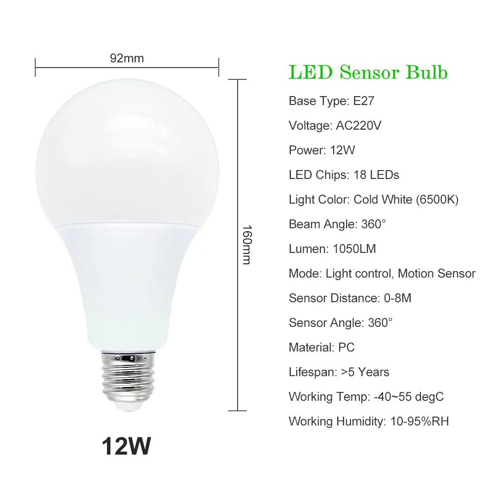 220 В, 5 Вт, 7 Вт, 9 Вт, 12 Вт, PIR датчик движения, светильник, E27, детектор движения, светодиодный светильник, лампа для лестницы, коридора, коридора, ночной Светильник ing