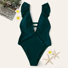 Romwe, спортивный зеленый Одноцветный Монокини, глубокий v-образный вырез, с оборками, с вырезом, Цельный купальник для женщин,, летний, простой, без косточек, сексуальный купальник