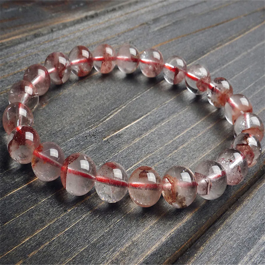 

9.5mm Genuine Natural Red Phantom Quartz Volcanic Ash Crystal Stretch Charm Clear Round Beads Bracelet Free Shipping