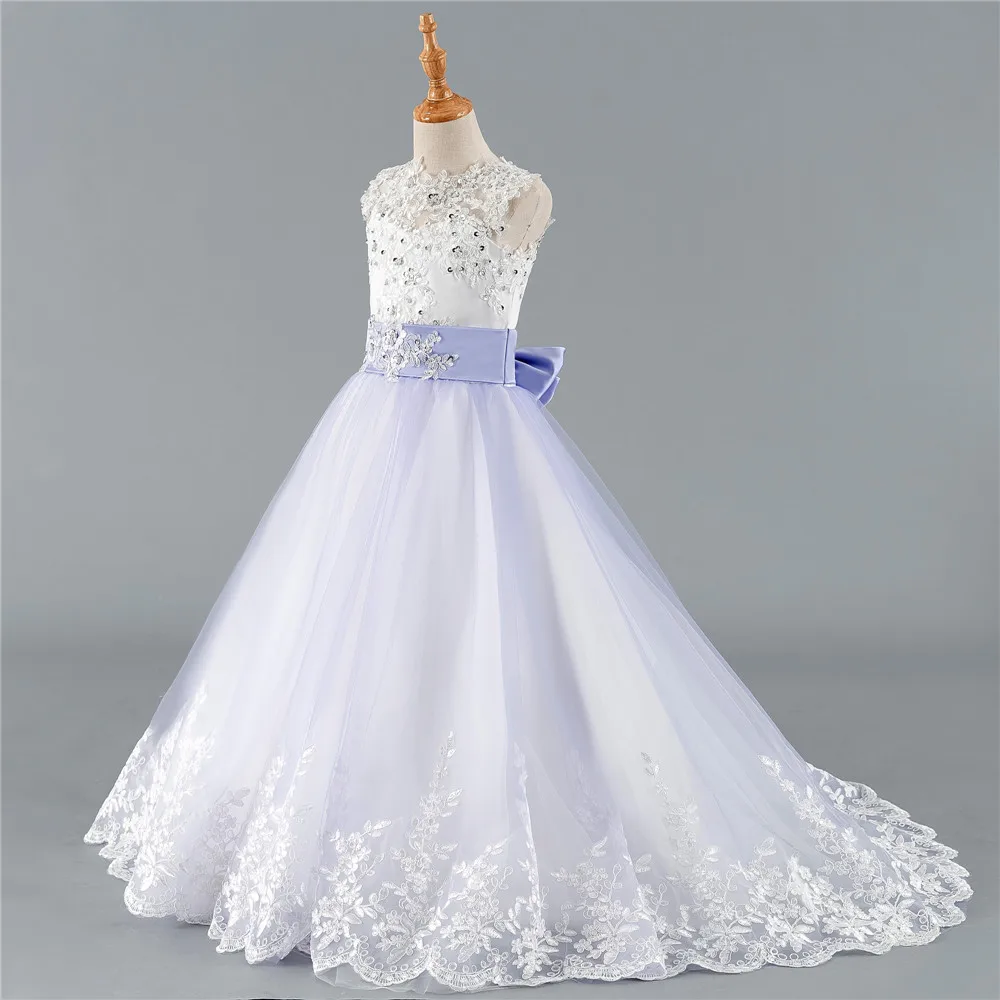 Г. Синие Платья с цветочным узором для девочек на свадьбу, бальное платье с цельнокроеным рукавом, тюль с бусами, длинные платья для первого причастия для маленьких девочек