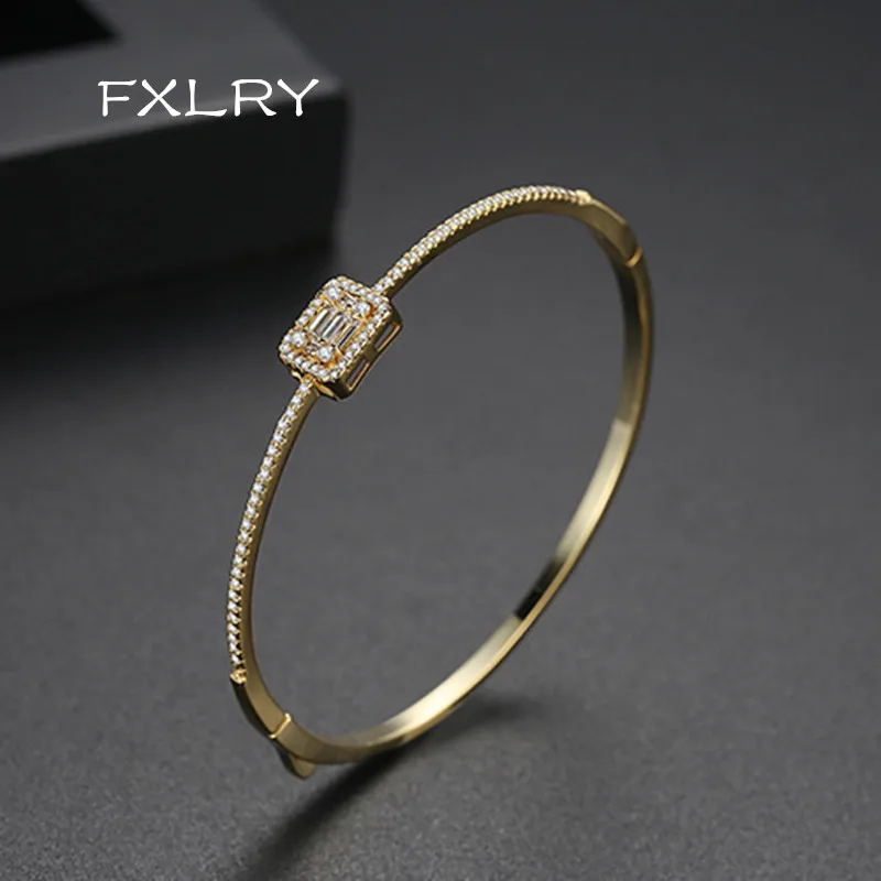 

FXLRY New Simple Design Bangles for Women Wedding Dating Shiny CZ White &Gold color Geometric bracelet Jewelry