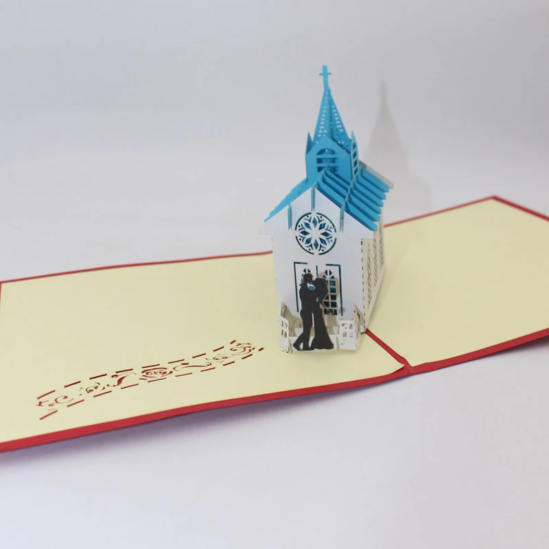  3D Handmade Blue Roof Church Paper Invitation Greeting Cards PostCard Valentine's Day Engagement We - 32913956585