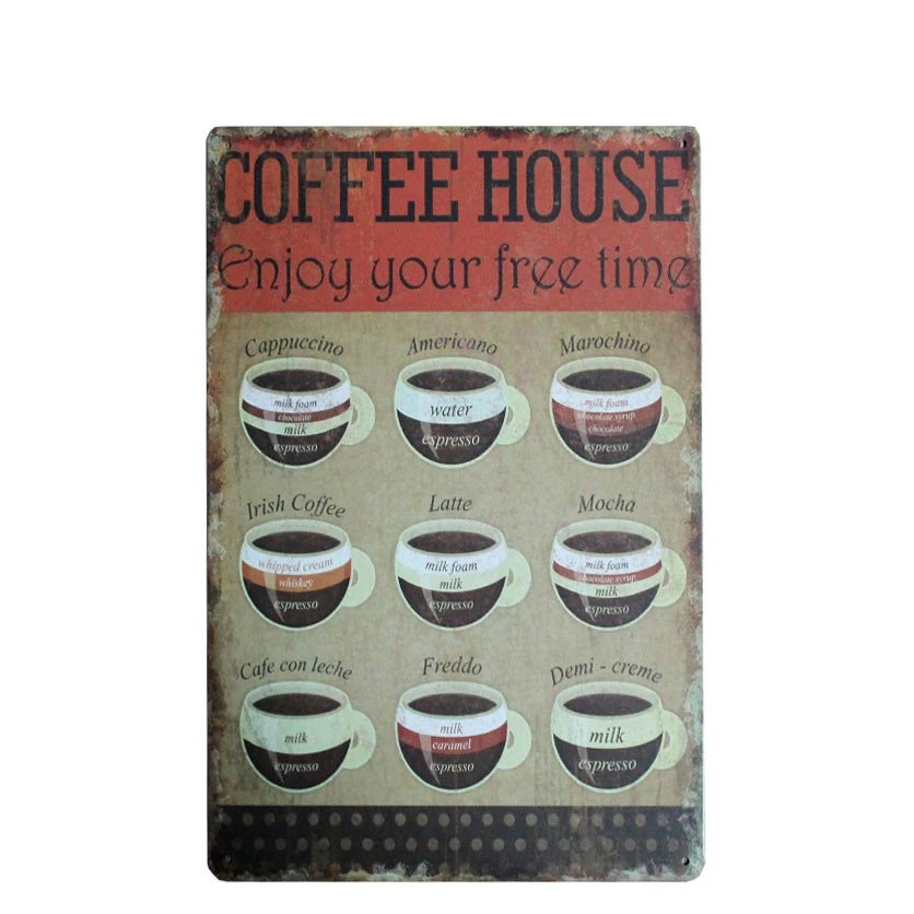 

Coffees Menu Vintage Tin Signs Bar Pub Home Wall Decor Retro Cafe Decorative Painting Metal Art Poster Plate 30x20cm A750