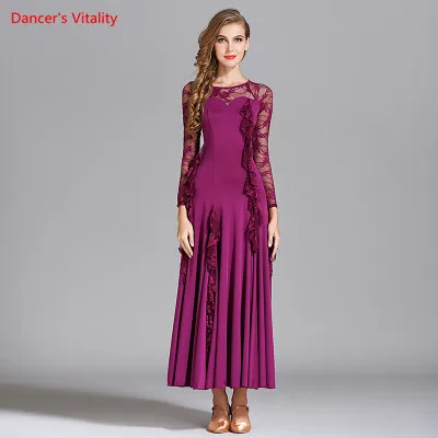 Бальное танцевальное платье для взрослых женское кружевное платье с длинными рукавами и рюшами большие свинг-платья для женщин Танцы Вальс Танго тренировочные костюмы - Color: Purple