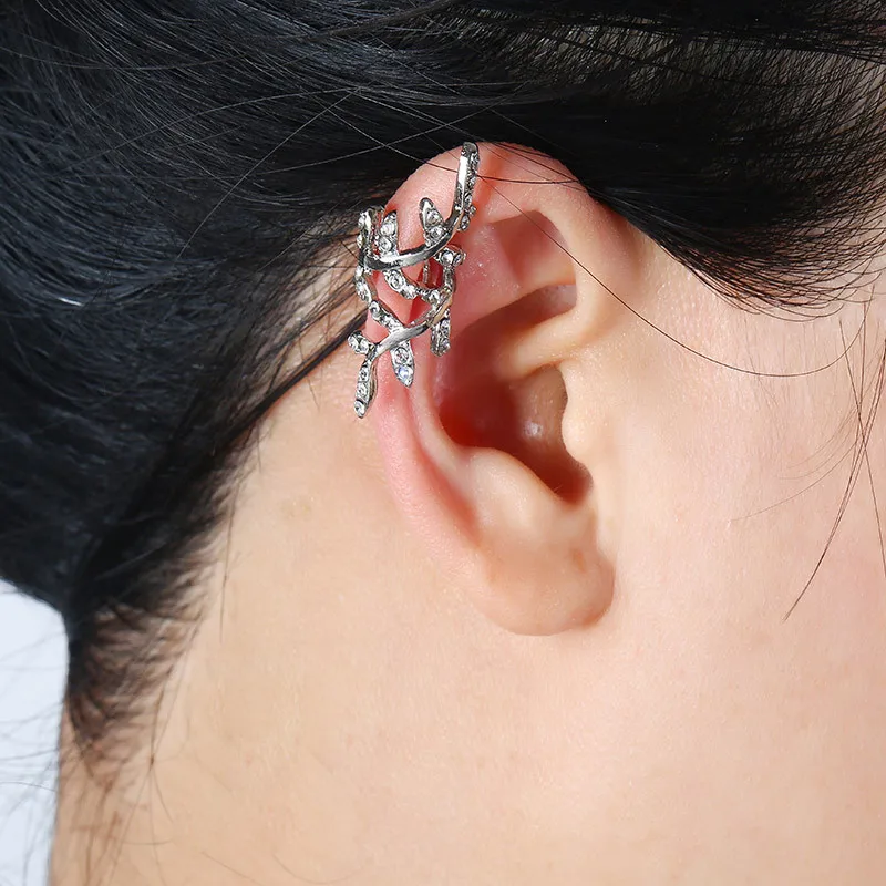 

1 Pcs Women Girls Trendy New Punk Crystal Retro Earring Gold Silver Plated Rhinestone Leaf Ear Cuff Warp Clip Ear Stud brinco