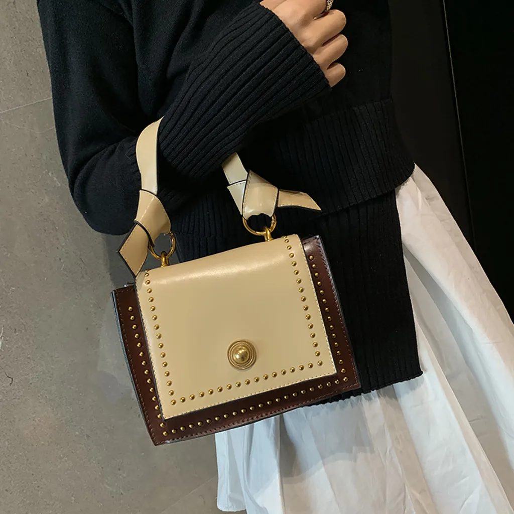 

Women Studded Versatile Texture One Shoulder Fashion Bucket Leather Tassel Bag Hit Color Shoulder Messenger Bag #g2