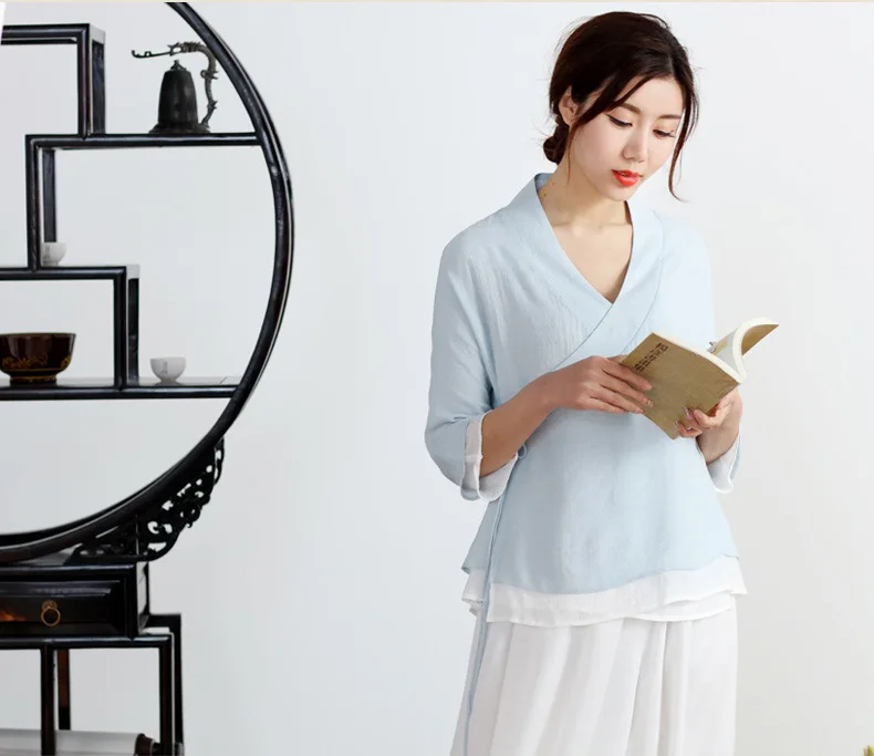 Куртка элегантный китайский костюмы кружево Винтаж Женская Половина рукава платье рубашка двойной дзен чай услуги