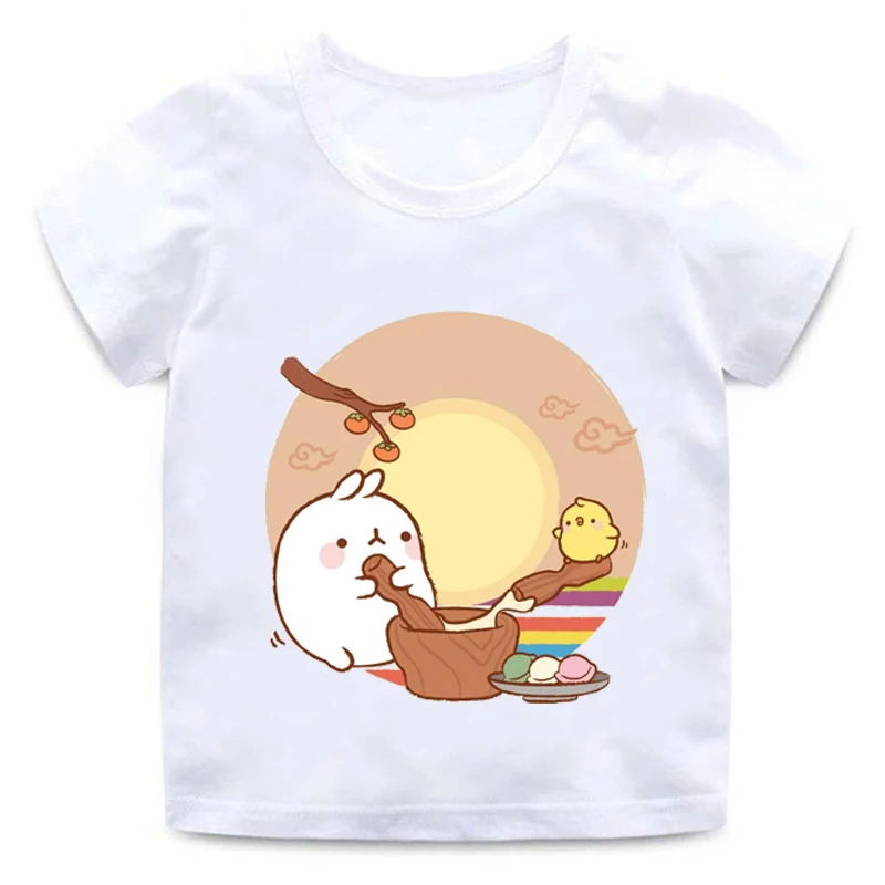 Одежда для мальчиков и девочек мультфильм «моланг» и Piupiu футболка для детей с принтом «милый кролик», забавная одежда для детей Летняя хлопковая Круглый воротник Повседневная рубашка