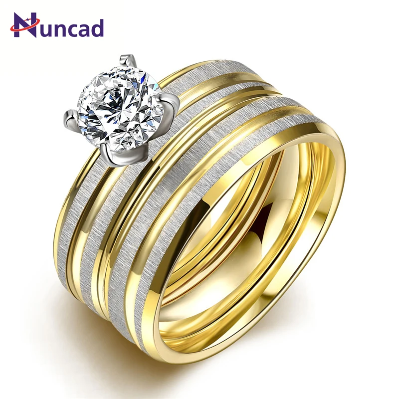 Золотого цвета Кристалл нержавеющая сталь пара кольцо Мода CZ цирконий свадебное обручальное женское кольцо