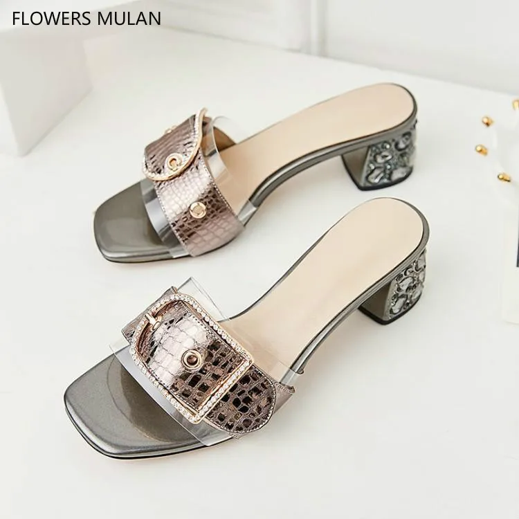 

Gold Gun Color Slippers Women Luxury Crystal Buckle Ladies Mules One Buckle Female Slides Peep Toe Slip On Zapatos De Mujer